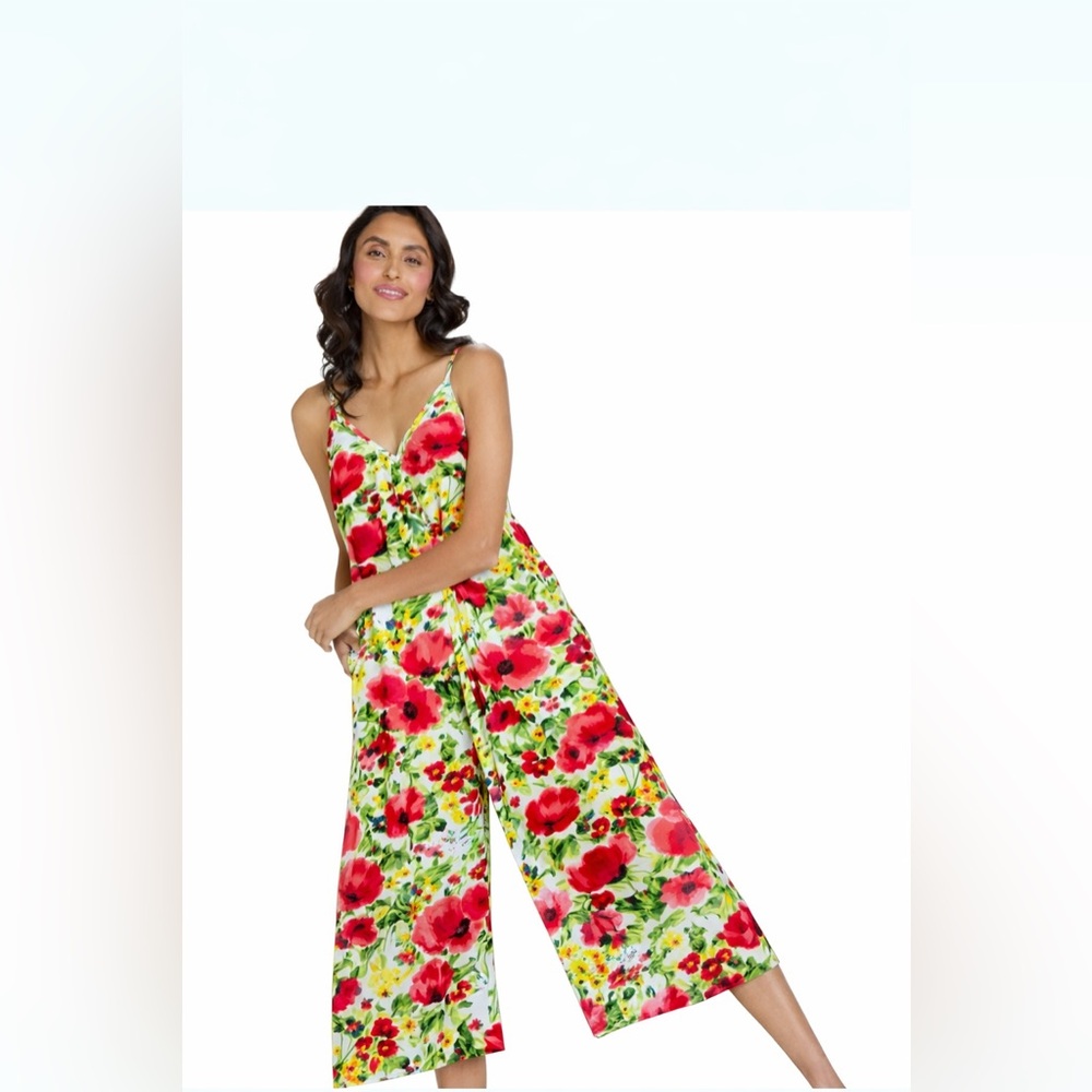 Jams World Santini Floral Easy Jumpsuit Wide Leg Tropical Print Size Large EUC